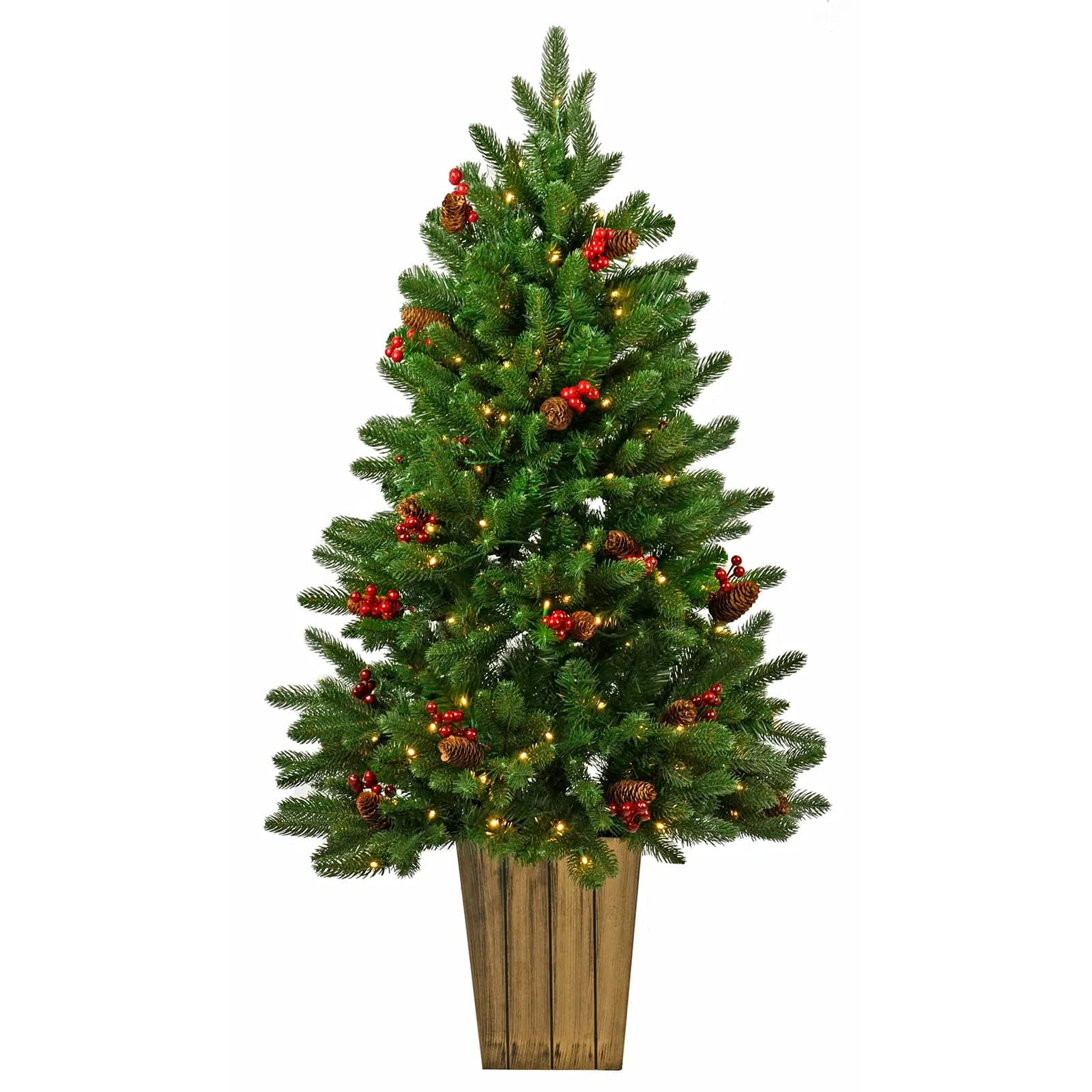 4ft (1.2m) Pre-Lit Christmas Tree Red Berries Cones Wood Grain Pot