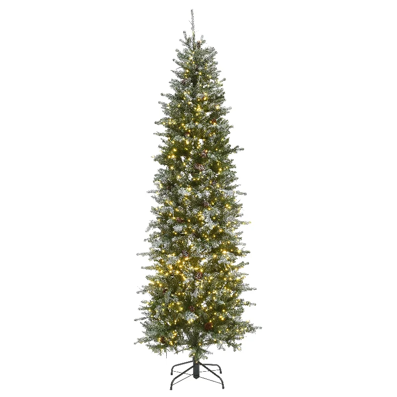 7.5 ft. Pre-Lit Snowy Morgan Spruce Pencil Slim Tree with Dual Color LED Cosmic Lights