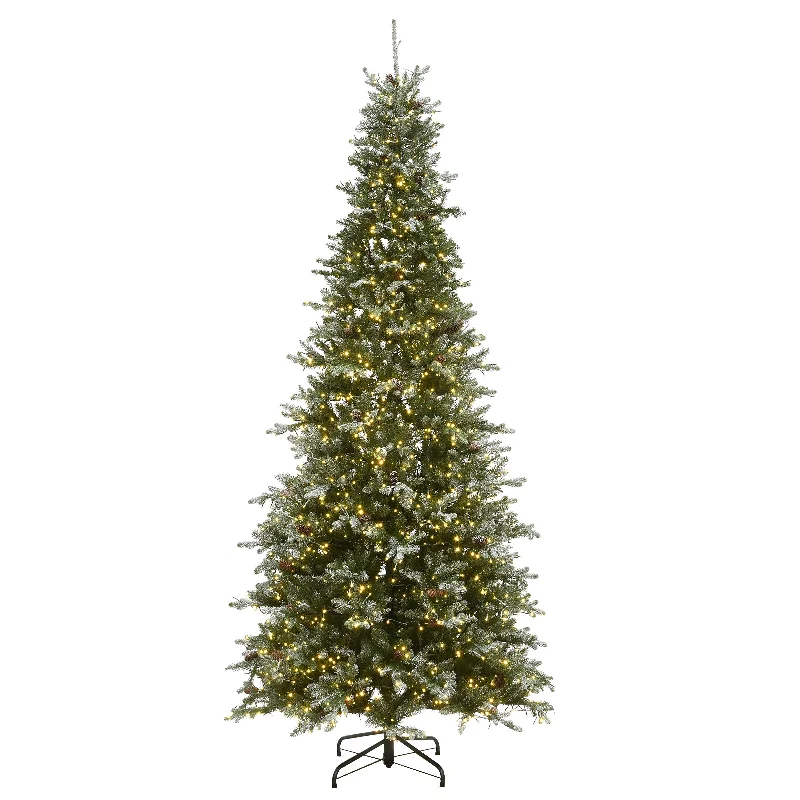 9 ft. Pre-Lit Snowy Morgan Spruce Slim Tree with Dual Color LED Cosmic Lights