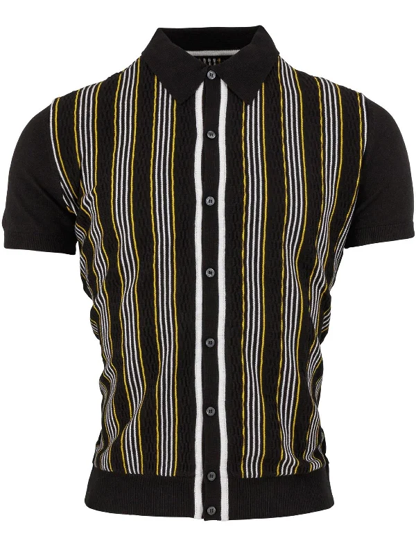 Black Striped Knit Retro Mod Polo Top