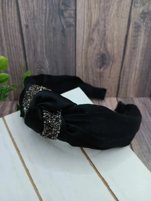 Black Top Knot Headband w/ Druzy Crushed Rhinestones