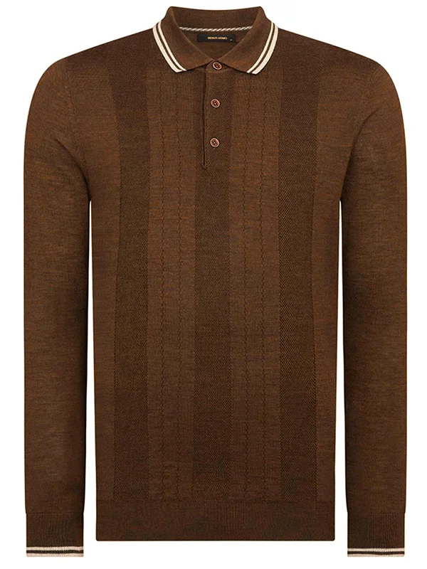 Brown Merino Wool Long Sleeve Retro Knitted Polo