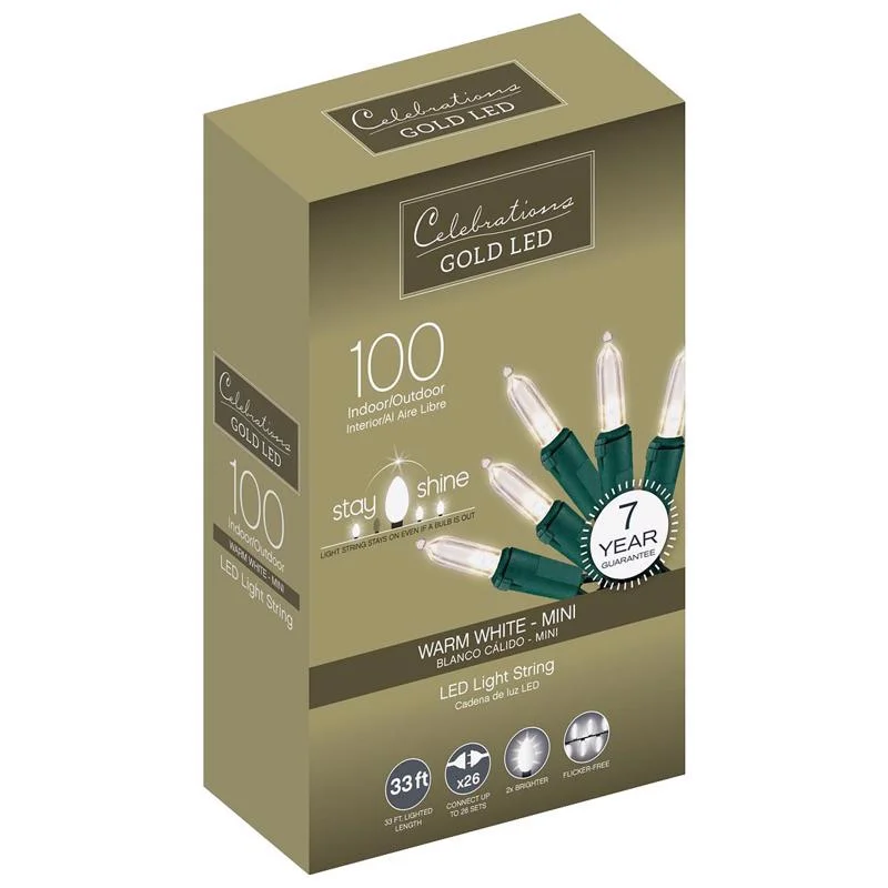 Celebrations Gold LED Mini Warm White 100 ct String Christmas Lights 33 ft.