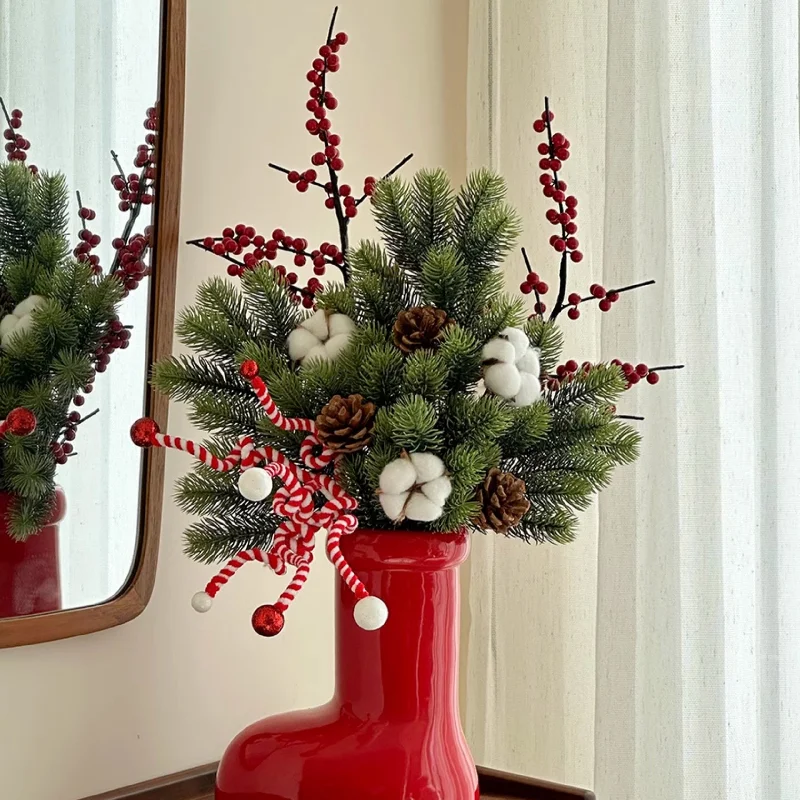 Christmas Sock Vase with Festive Bouquet – Cotton, Pine Cones & Christmas Branched