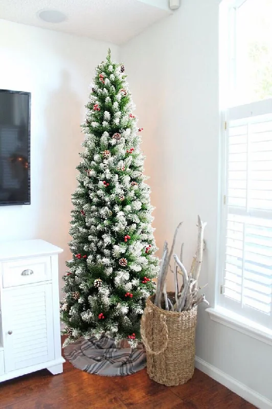 Frosted Norwood Pencil Pine with Pine Cones & Red Berries and Metal Stand