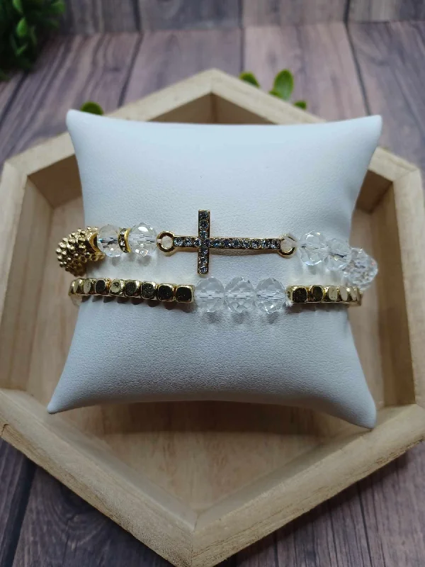 Gold & Clear Cross Bracelet Set