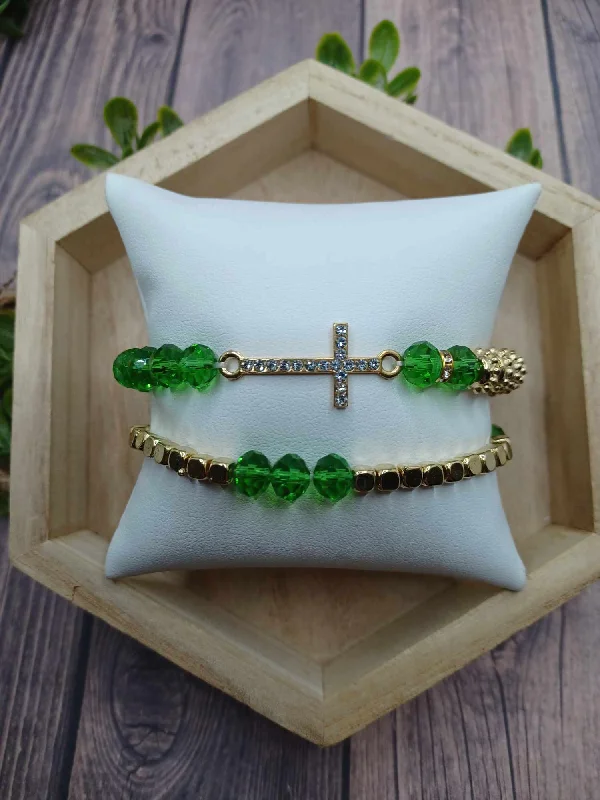 Gold & Green Cross Bracelet Set