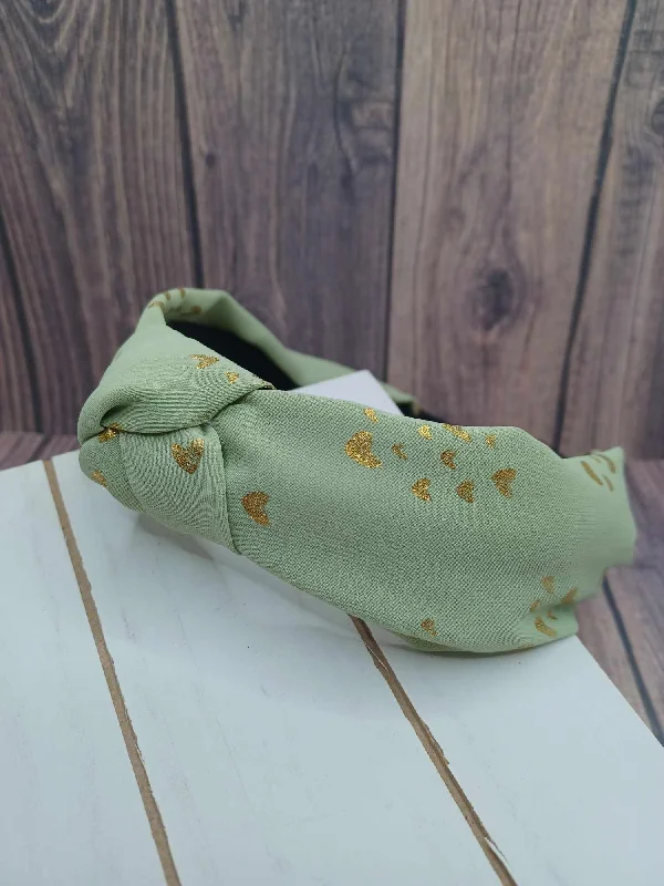 Green Headband w/ Hearts Top Knot Headband