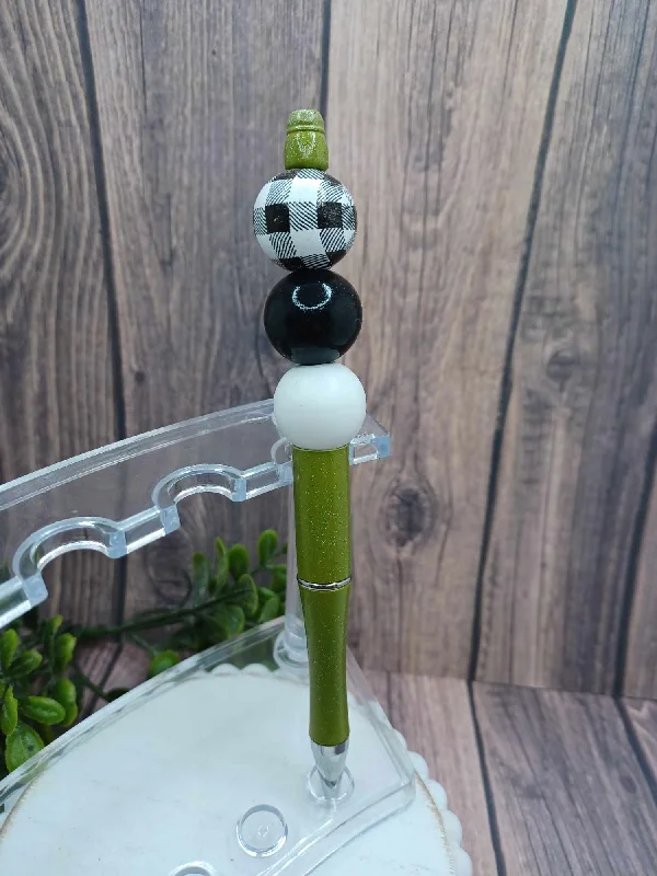 Green Ink Pen w/ Black & White Plaid Beads