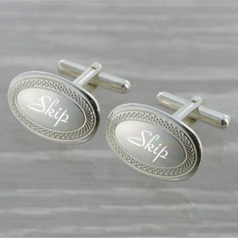 Engine Turned Rim Oval Swivel Solid Silver Cufflinks 9237