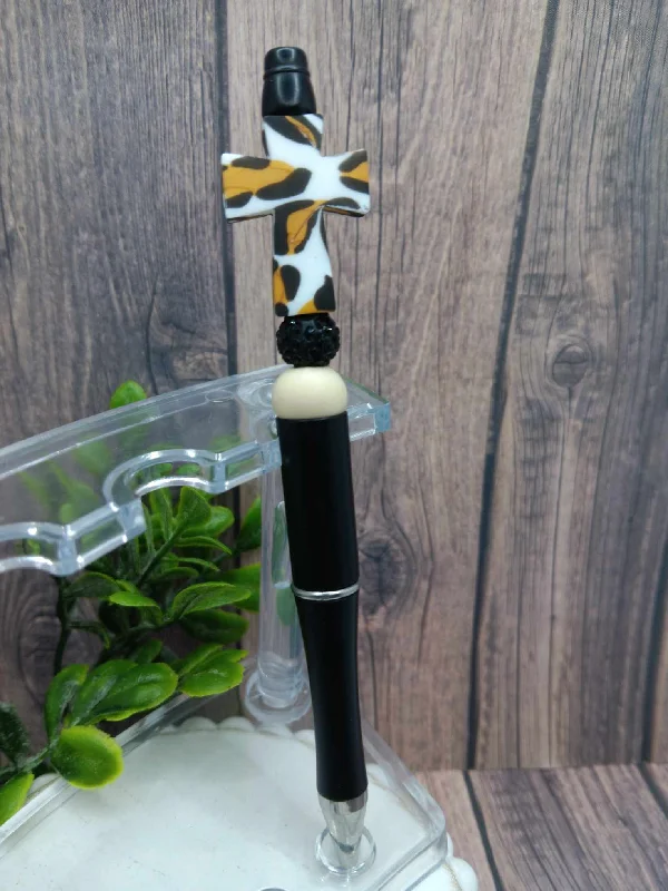 Leopard Print Cross Beaded Ink Pen - Black