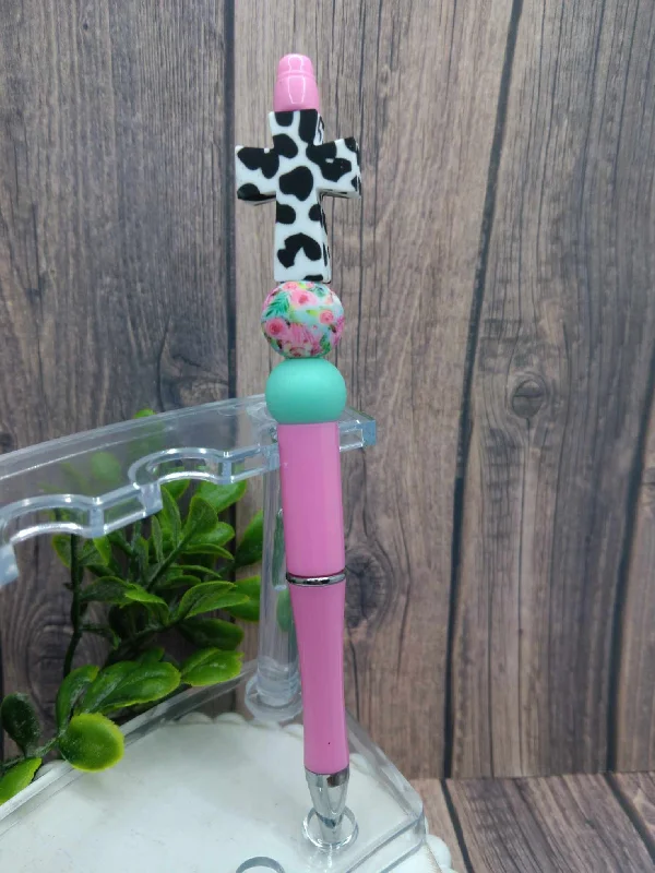 Pink, Teal, & Cow Print Beaded Cross Ink Pen