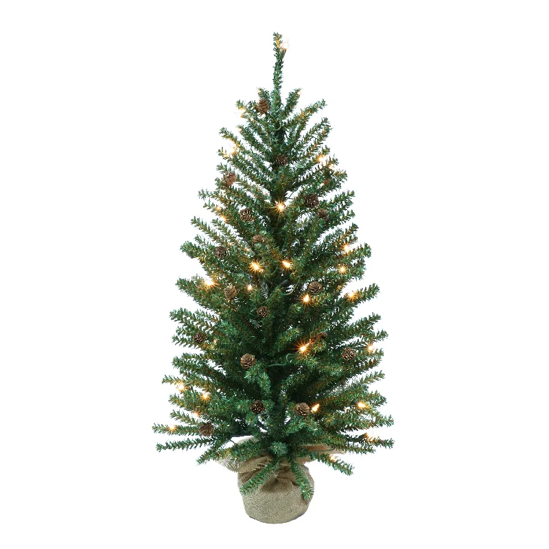 Pre-Lit 3' Fir Artificial Christmas Tree with Pines Cones and 50 Lights, Green