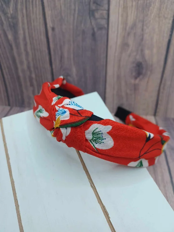 Red Floral Style Headband w/ Top Knot