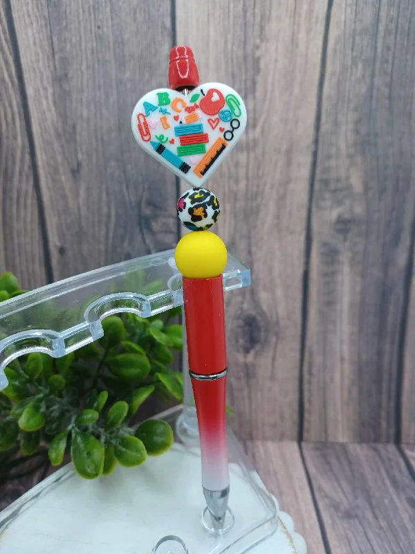 Red Ombre Teacher Themed Beaded Ink Pen - Heart