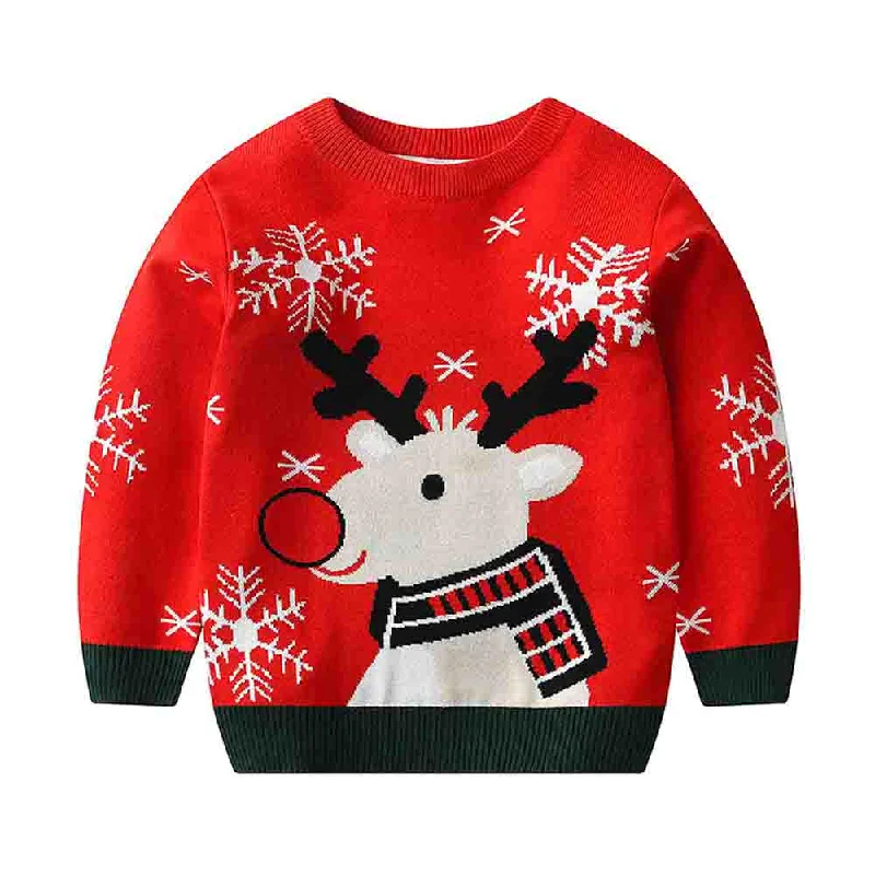 Red Round neck Snow deer Knitted warmer, cardigan Christmas Sweater for Kids