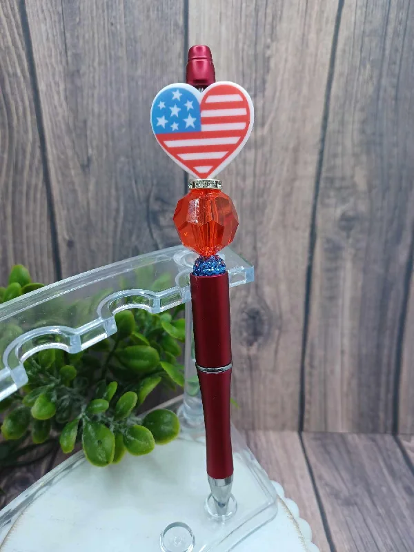 Red, White, & Blue American Flag Beaded Ink Pen - Heart