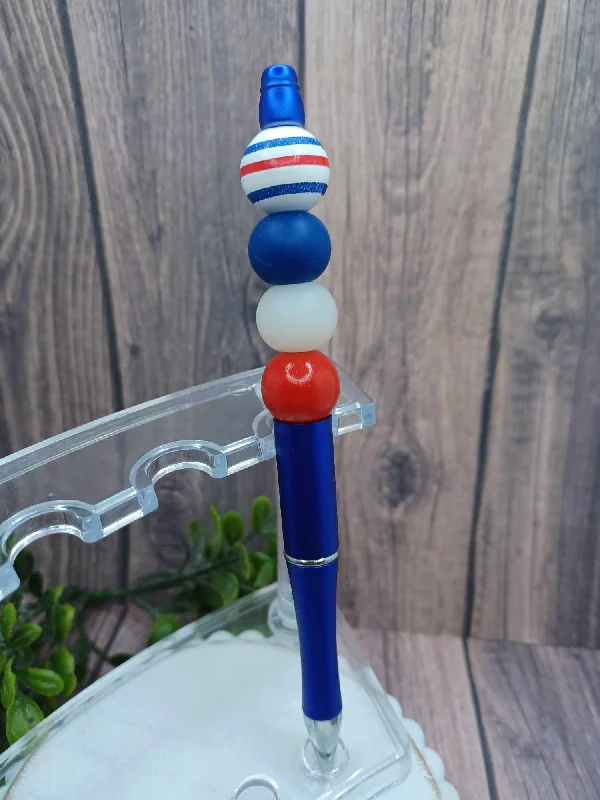 Red, White, Blue Beaded Ink Pen - Stripes, Blue, White, Red Beading