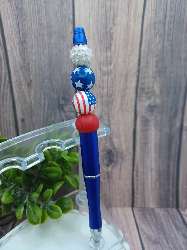 Red, White, & Blue Beaded Ink Pen - White, Stars, Flag, Red Beading