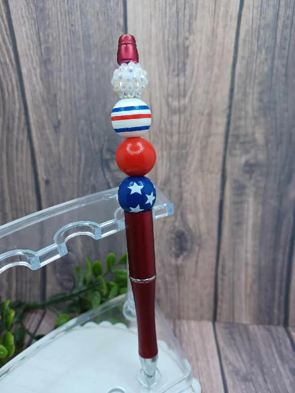 Red, White, & Blue Beaded Ink Pen - White, Stripes, Red, Stars Beading