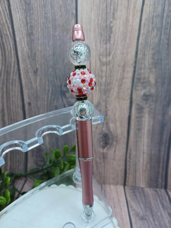 Rose Pink Beaded Ink Pen w/ Pink Rhinestone Beading