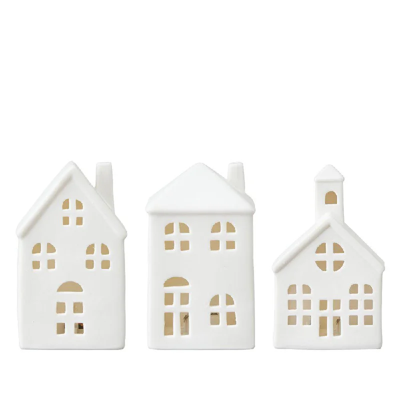 Set of Three White Porcelain Houses with LED's