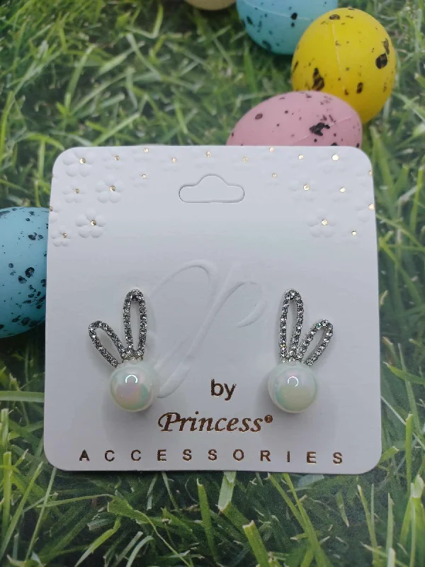 Silver Pearl Iridescent & Rhinestone Studded Bunny Earrings