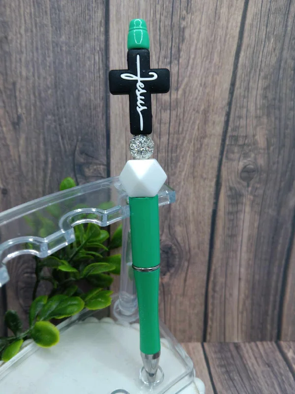 Teal Jesus Beaded Ink Pen