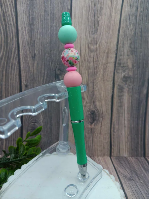 Teal & Pink Floral Themed Beaded Ink Pen