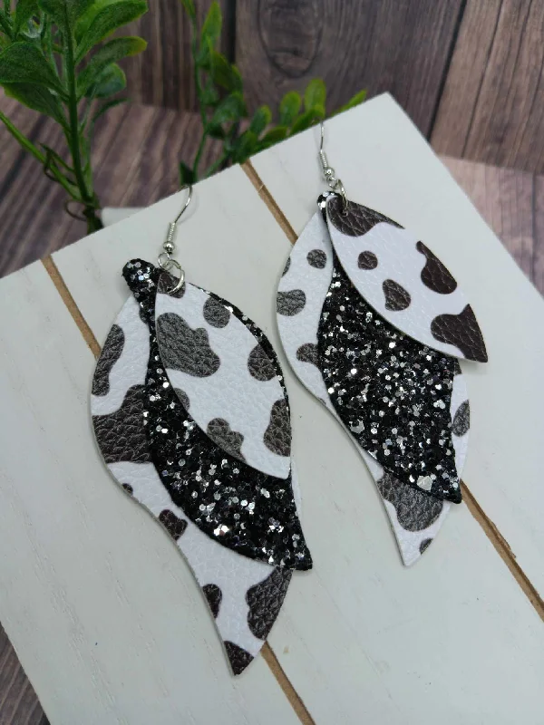 Triple Layered Cow Print & Glitter Leather Style Earrings