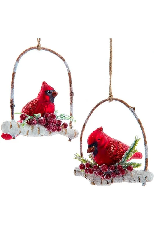 4" Glass Birch Berries Cardinal On Branch Ornament