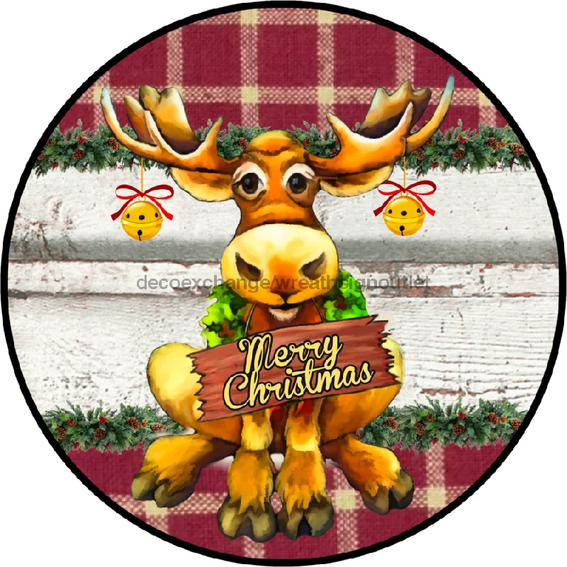 Christmas Sign, Christmas Moose, 10" Round,  VINYL-DECOE-331, Sign For Wreath, 10" Vinyl Round