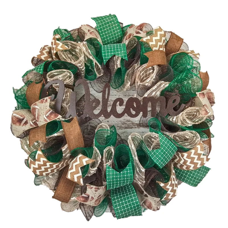 Rustic Welcome Door Wreath, Burlap and Ribbon Decor, Versatile Gift for Homeowners and Holidays