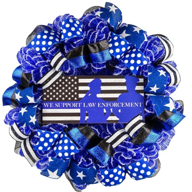 Police Officer Door Wreath - Hero Law Enforcement Support Decor - Blue Black White