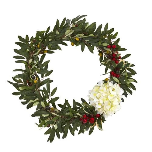 21" Olive, Hydrangea and Holly Berry Artificial Wreath