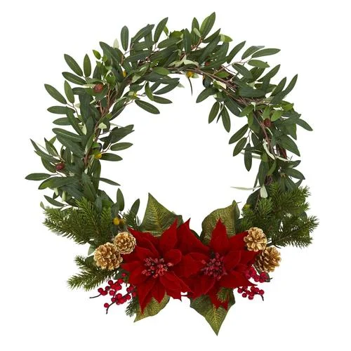 21" Olive with Poinsettia, Berry and Pine Artificial Wreath