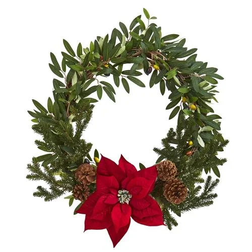 20" Olive with Poinsettia Artificial Wreath