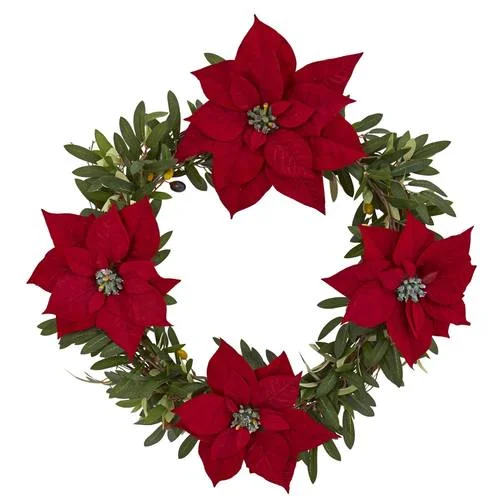 21" Olive with Poinsettia Artificial Wreath