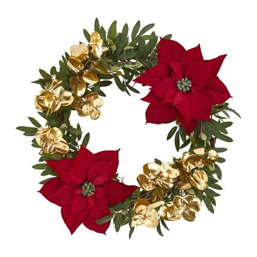 21" Olive, Poinsettia and Gold Eucalyptus Artificial Wreath