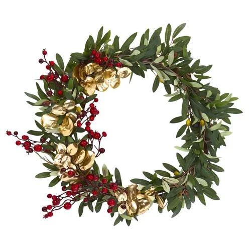 21" Olive, Berries and Gold Eucalyptus Artificial Wreath