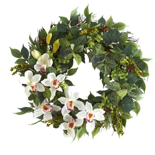 23" Mixed Greens and Cymbidium Orchid Artificial Wreath