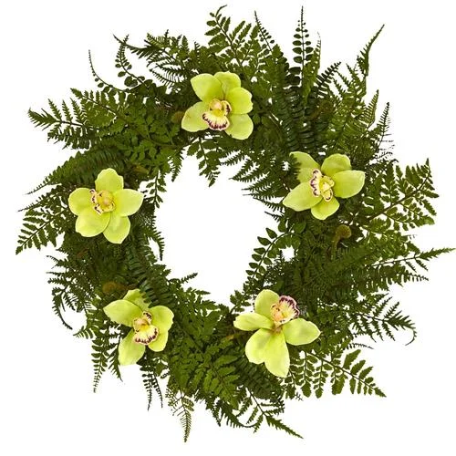 24" Mixed Fern and Cymbidium Orchid Artificial Wreath