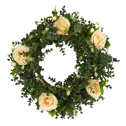 18" Eucalyptus and Camellia Double Ring Artificial Wreath with Twig Base