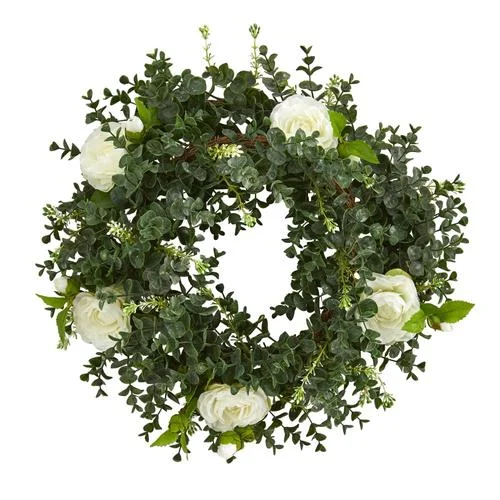 18" Eucalyptus and Camellia Double Ring Artificial Wreath with Twig Base