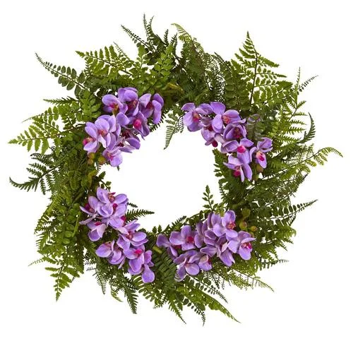 24" Mixed Fern and Phalaenopsis Orchid Artificial Wreath