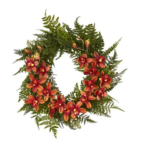 24" Mixed Fern and Cymbidium Orchid Artificial Wreath