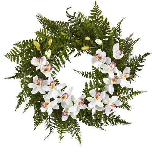 24" Mixed Fern and Cymbidium Orchid Artificial Wreath