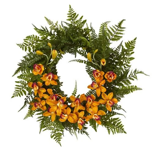 24" Mixed Fern and Cymbidium Orchid Artificial Wreath