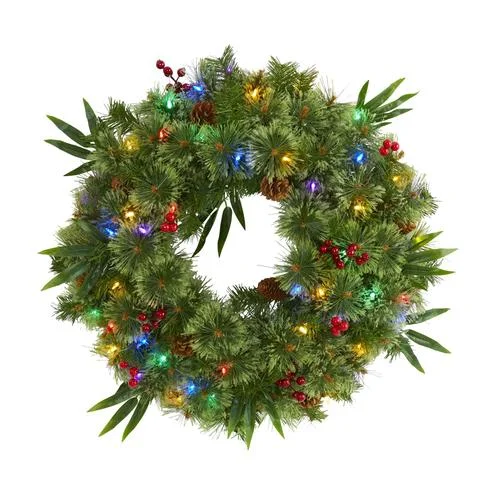 24" Mixed Pine Artificial Christmas Wreath with 50 Multicolored LED Lights, Berries and Pine Cones