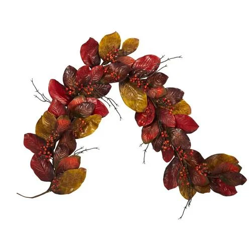 6'Autumn Magnolia Leaf with Berries Artificial Garland